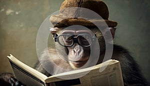 A coolly dressed monkey wearing a hat and glasses sits and reads a book. Generative AI photo