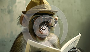 A coolly dressed monkey wearing a hat and glasses sits and reads a book. Generative AI photo