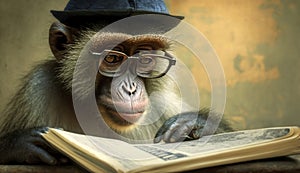 A coolly dressed monkey wearing a hat and glasses sits and reads a book. Generative AI photo