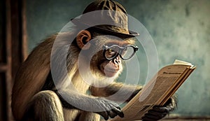 A coolly dressed monkey wearing a hat and glasses sits and reads a book. Generative AI photo
