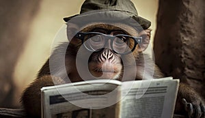 A coolly dressed monkey wearing a hat and glasses sits and reads a book. Generative AI photo