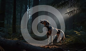 Coonhound Howling in the Moonlight Amid a Dense Forest. This breathtaking image captures the essence of the coonhound breed and