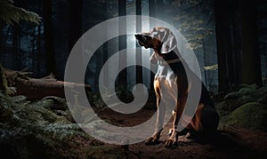 Coonhound Howling in the Moonlight Amid a Dense Forest. This breathtaking image captures the essence of the coonhound breed and