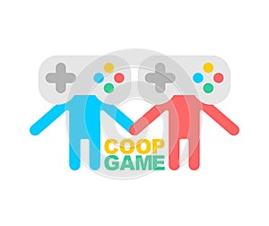 Coop game logo. Cooperative game sign. Video game icon for two joysticks. Play together together