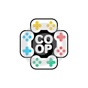 Coop game logo. Cooperative game sign. Video game icon for two joysticks. Play together together