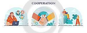 Cooperation concept set. Collaboration and teamwork. Office characters