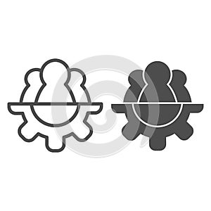Cooperation gear line and solid icon. Team and gear, three pawn and cog symbol, outline style pictogram on white