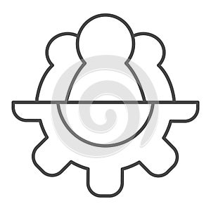 Cooperation gear thin line icon. Team and gear, three pawn and cog symbol, outline style pictogram on white background