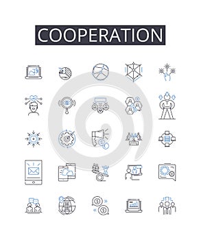 Cooperation line icons collection. Decisions, Quorum, Agenda, Minutes, Resolutions, Chair, Voting vector and linear