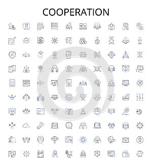 Cooperation outline icons collection. Collaboration, Joint-effort, Alliance, Partnership, Interdependence, Shared-goal
