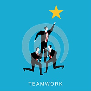Cooperation or teamwork concept illustration. Teamwork businessmen pyramid to reach star