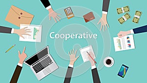 Cooperative concept discussion illustration with paperworks, money, notebook on top of table