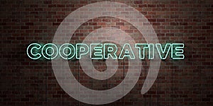 COOPERATIVE - fluorescent Neon tube Sign on brickwork - Front view - 3D rendered royalty free stock picture