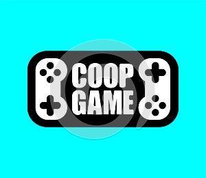 Cooperative game sign. Coop game logo. Video game icon for two joysticks. Play together on a video console