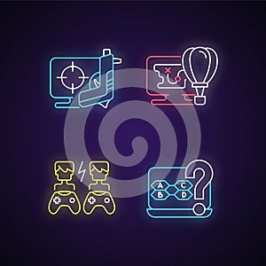 Cooperative games neon light icons set