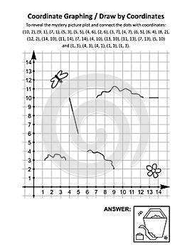 Coordinate graphing, or draw by coordinates, math worksheet with bucket and shovel for beach