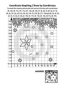 Coordinate graphing, or draw by coordinates, math worksheet with christmas baubles