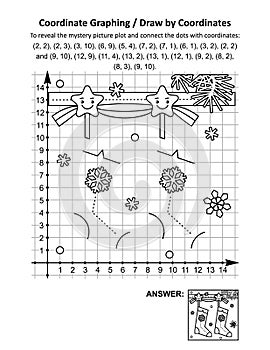 Coordinate graphing, or draw by coordinates, math worksheet with christmas stockings