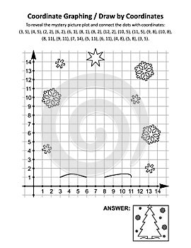 Coordinate graphing, or draw by coordinates, math worksheet with christmas tree