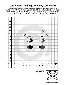 Coordinate graphing, or draw by coordinates, math worksheet with cute young bull or cow photo