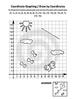 Coordinate graphing, or draw by coordinates, math worksheet with flying kite