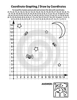 Coordinate graphing, or draw by coordinates, math worksheet with Halloween bats and tombs photo