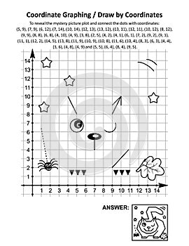 Coordinate graphing, or draw by coordinates, math worksheet with Halloween cat, lying in wait for prey