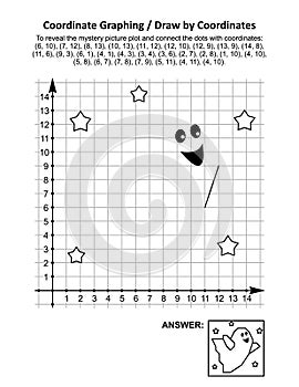 Coordinate graphing, or draw by coordinates, math worksheet with Halloween cute little ghost photo