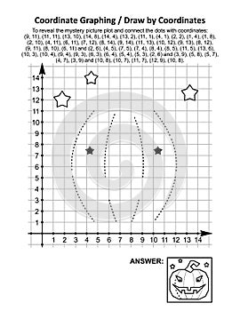 Coordinate graphing, or draw by coordinates, math worksheet with Halloween pumpkin photo