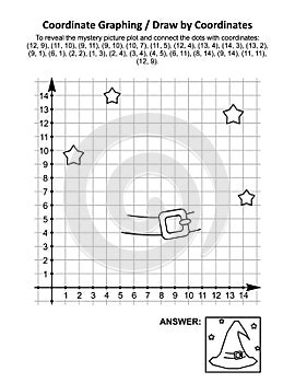 Coordinate graphing, or draw by coordinates, math worksheet with Halloween witch hat photo