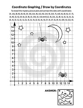 Coordinate graphing, or draw by coordinates, math worksheet with Halloween witch`s shoes photo