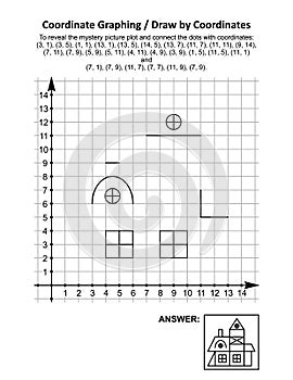 Coordinate graphing, or draw by coordinates, math worksheet with  old village house photo