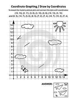 Coordinate graphing, or draw by coordinates, math worksheet with paper planes photo