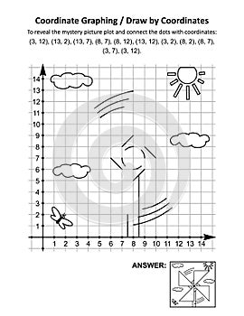 Coordinate graphing, or draw by coordinates, math worksheet with pinwheel toy