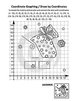 Coordinate graphing, or draw by coordinates, math worksheet with Santa`s sack on the sleigh photo