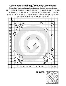 Coordinate graphing, or draw by coordinates, math worksheet with St Patrick`s Day celtic design
