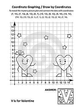 Coordinate graphing, or draw by coordinates, math worksheet with Valentine`s Day mystery picture