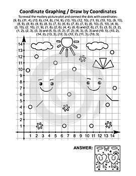 Coordinate graphing, or draw by coordinates, math worksheet with Valentine`s Day two friendly hearts