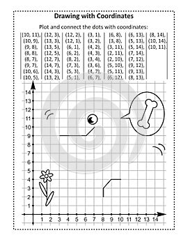 Coordinate graphing, or drawing by coordinates, math worksheet with poodle dog: Reveal the mystery picture by plotting and connect photo