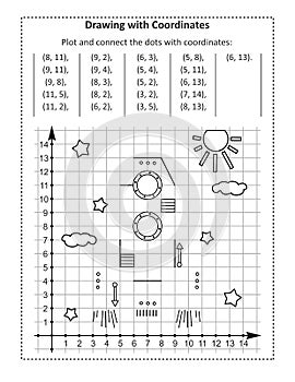 Coordinate graphing, or drawing by coordinates, math worksheet with spaceship or rocket: Reveal the mystery picture by plotting an