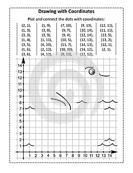 Coordinate graphing, or drawing by coordinates, math worksheet with swan: Reveal the mystery picture by plotting and connecting t