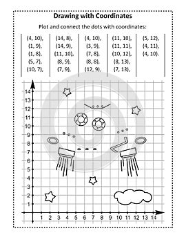 Coordinate graphing, or drawing by coordinates, math worksheet with ufo: Reveal the mystery picture by plotting and connecting the