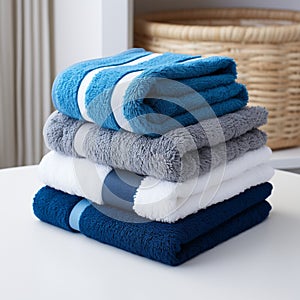 Coordinated comfort Stacked towels in blue, white, and gray showcase elegance