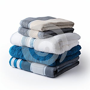 Coordinated comfort Stacked towels in blue, white, and gray showcase elegance