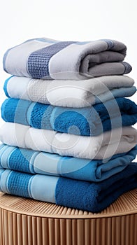 Coordinated comfort Stacked towels in blue, white, and gray showcase elegance