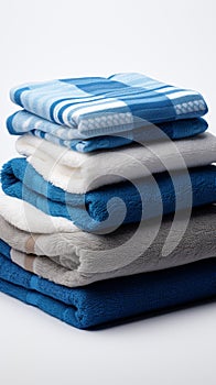 Coordinated comfort Stacked towels in blue, white, and gray showcase elegance