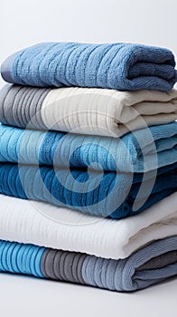 Coordinated comfort Stacked towels in blue, white, and gray showcase elegance