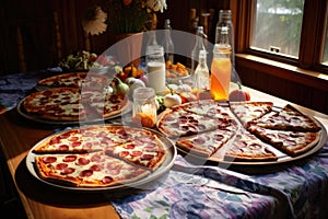 coordinately arranged pizza slices on a table, symbolizing shared meals photo