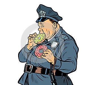 Cop eats donut. isolate on white background