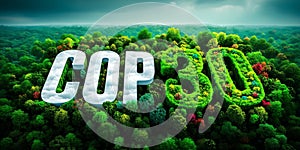 COP30 Environmental Typography Blending Forest and Climate Imagery